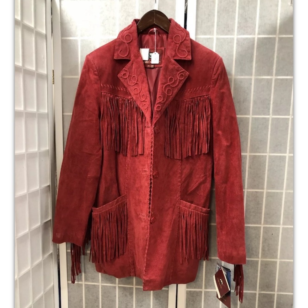 Marc Mattis, unisex, jacket, red, genuine leather, fringes,new with tags,SizeM.: